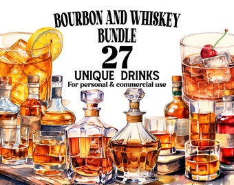 Bourbon und Whisky Clipart Bundle - 27 Bourbon und Whisky als Aquarell PNGs - Clip Art Sammlung für Dekor, Scrapbooking, Einladungen
