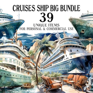 Cruises Ship Clipart Bundle - 39 Travel Watercolor PNGs - Digital Drawings & Illustrations - Journey Art Print - World Designs and Graphics