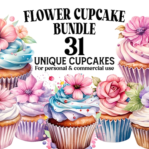 Flower Cupcake Clipart Bundle - 31 Flower Cupcakes as Watercolor PNGs - Cupcake Clip Art Collection for Decor, DIY Scrapbooking, Invitations