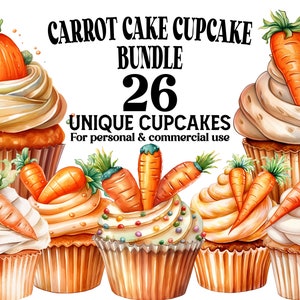 Carrot Cake Cupcake Bundle - 26 Carrot Cake Cupcakes as Watercolor PNGs - Cupcake Clip Art Collection for Decor Scrapbooking, Invitations