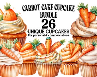 Karottenkuchen-Cupcake-Paket – 26 Karottenkuchen-Cupcakes als Aquarell-PNGs – Cupcake-Clip-Art-Sammlung für Dekor-Scrapbooking, Einladungen