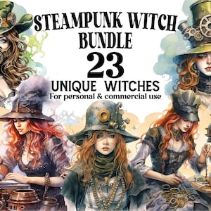 23 Steampunk Witch Clipart Bundle - Steampunk Witches Watercolor PNG - Clip Art for Home Decor, Scrapbooks or Invitations - Commercial Use