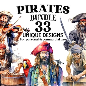 Paquete de imágenes prediseñadas piratas - 33 PNG piratas de acuarela - Descarga digital para decoración pirata, invitaciones de baby shower, proyecto DYI - Uso comercial
