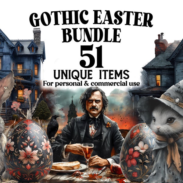 Gothic Easter Clipart Bundle - 51 Watercolor Easter PNGs  - Digital Drawings - Prints and Graphics w/ Easter Bunnies and Easter Eggs