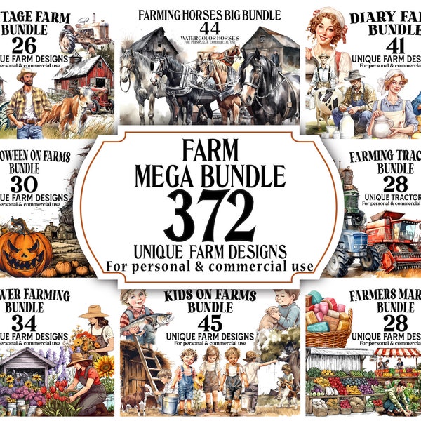 Farm Mega Bundle - 372 Farmer Designs as Aquarelle PNGs - Ultimate Farming Clip Art Collection for Decor, DIY Scrapbooking, Invitations