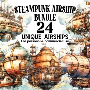 24 Steampunk Airships Clipart Bundle - Steampunk Zeppelin PNG - Clip Art for Home Decor, Scrapbooks or Invitations - Commercial Use