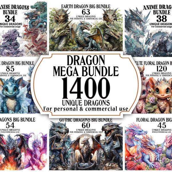 MEGA Dragon Bundle - 1400 Dragons as Watercolor PNGs - Ultimate Dragon Clip Art Collection for Decor, DIY Scrapbooking, Invitations