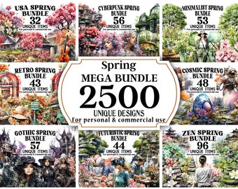 MEGA Spring Clipart Bundle -2500 Watercolor PNGs - Digital Drawings & Illustrations - Spring Season Art Prints, Designs and Graphics