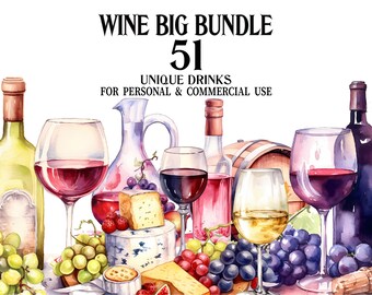 Wein Clipart Big Bundle - 51 Weinproben als Aquarell PNGs - Clip Art Sammlung für Dekor, Scrapbooking, Einladungen - Kommerzielle Nutzung