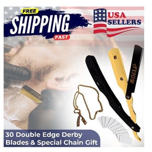 30 Blades + Classic Stainless Steel Straight Edge Barber Razor Salon Shaving + Free Chain Gift