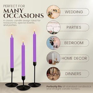 May include: Three lit, purple taper candles in black metal holders. The image includes text that reads "PERFECT FOR MANY OCCASIONS" and "WEDDING, PARTIES, BEDROOM, HOME DECOR, DINNERS". The candles are designed for restaurants, special events, and parties.