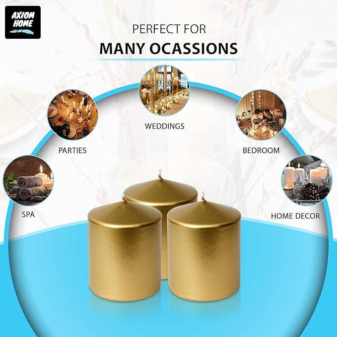 3 Gold Pillar Candles Set 3x5.5 Inch Unscented