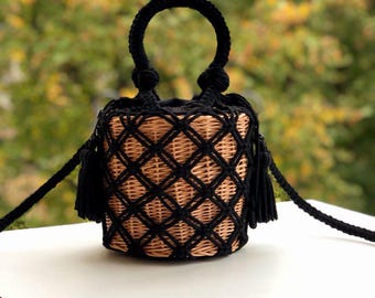 Handgemachte Weide Crossbody Korb Tasche: Elfenbein Leinen Beutel