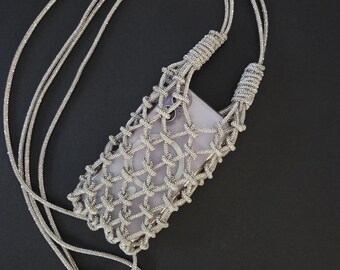 Bolso de macramé con pedrería para móvil / Minibolso bandolera de cristal / Estuche brillante para móvil hecho a mano / Elegante bolso de noche, regalo para ella