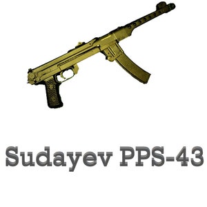 May include: A gold-colored Sudayev PPS-43 submachine gun with a wooden stock and a black grip.