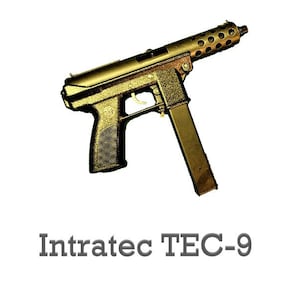 May include: A gold-colored Intratec TEC-9 semi-automatic pistol with a black magazine and a black barrel with a silencer.