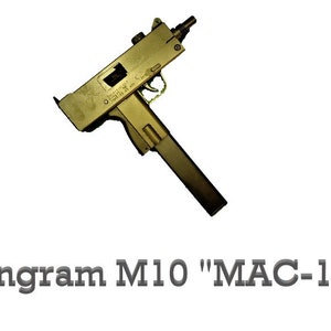 May include: A gold-colored Ingram M10 "MAC-10" submachine gun with a black magazine.