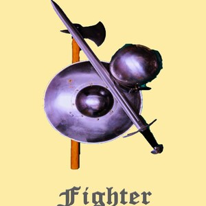 May include: A silver sword, shield, and helmet are arranged in a decorative display. The sword is positioned diagonally across the shield, with the helmet resting on top of the shield. The word "Fighter" is written in black text below the display.