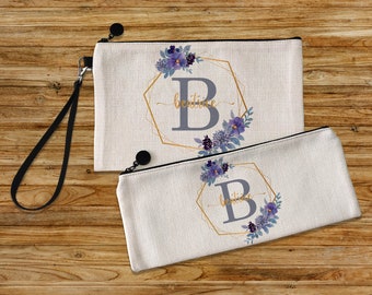 Personalized Pencil Case and Toiletry Bag Pack with Initial and Name, 4 Floral Design | Personalized Toiletry Bag Set | All Linen Holder