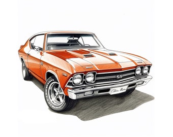 Car Illustration: 1969 Chevrolet Chevelle Replica -- Vintage Pencil Sketch Concept Art