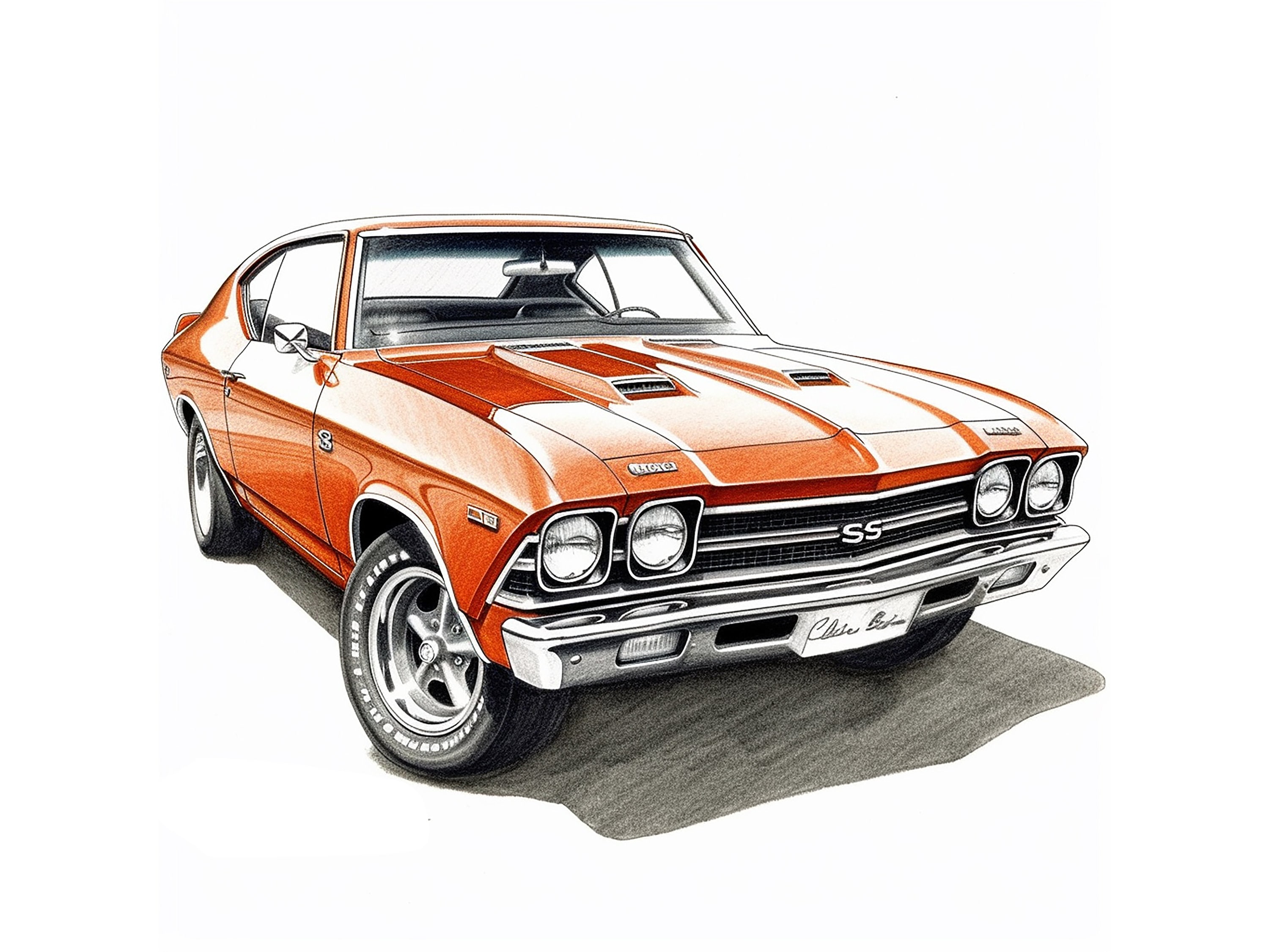 Car Illustration: 1969 Chevrolet Chevelle Replica -- Vintage Pencil Sketch Concept Art