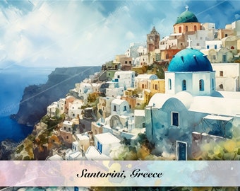 Santorini, Greece Watercolor Digital Print