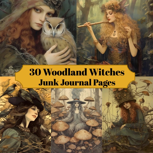 30 Woodland Witches Junk Journal Pages - Printable Witch Junk Journal for Scrapbooks - Digital Download for Printable Cards & Ephemera
