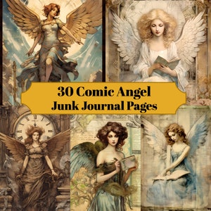 30 páginas do Comic Angel Junk Journal - Vintage Angel Junk Journal para impressão para álbuns de recortes - Download digital para cartões para impressão e coisas efêmeras
