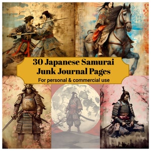 30 Japanese Samurai Junk Journal Pages - Printable Samurai Junk Journal for Scrapbook - Digital Download for Printables, Cards & Ephemera