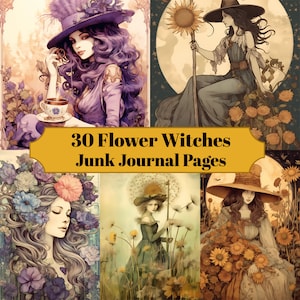 30 Flower Witches Junk Journal Pages - Printable Vintage Witch Junk Journal for Scrapbooks - Digital Download for Printable Cards & Ephemera