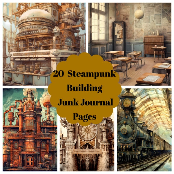 20 Steampunk Building Junk Journal Pages - Printable Junk Journal for Scrapbook - Digital Download for Printable Cards - Commercial Use