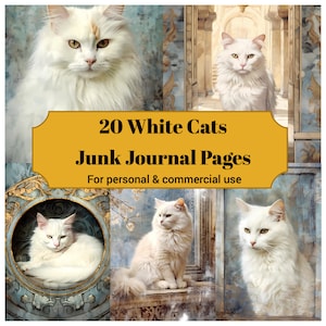 20 páginas do White Cat Junk Journal - White Cats Junk Journal para impressão para álbum de recortes - Download digital para cartões imprimíveis - Uso comercial