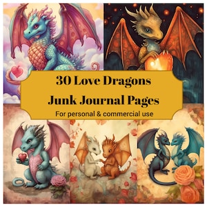 30 Love Dragon Junk Journal Pages - Printable Heart Dragon Junk Journal for Scrapbooks - Digital Download for Printable Cards & Ephemera