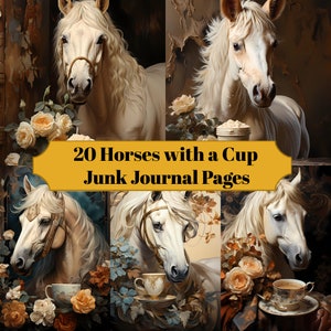 20 paarden met een beker dagboekpagina's - afdrukbaar paardenjunkdagboek voor plakboeken - digitale download voor afdrukbare kaarten en ephemera