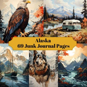 69 páginas do Alaska Travel Junk Journal - Journey Junk Journal para álbuns de recortes - Download digital para cartões para impressão e coisas efêmeras - Scrapbooking