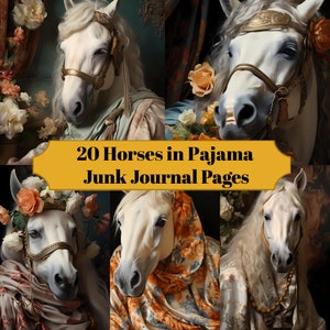 20 paarden in pyjama Junk Journal Pages - Afdrukbaar Horse Junk Journal voor Scrapbooks - Digitale download voor afdrukbare kaarten & Ephemera