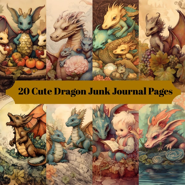 20 Baby Dragon Junk Journal Pages - Printable Dragon Junk Journal for Scrapbooks - Digital Download for Printable Cards - Commercial Use