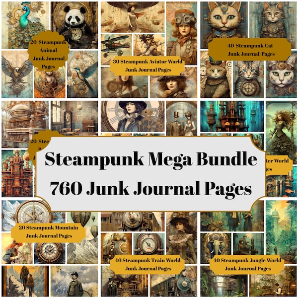 MEGA Steampunk Junk Journal Seite Bundle - 760 Steampunk Ausdrucke für Scrapbooking und Scrapbooking - Digitaler Download für druckbare Karten