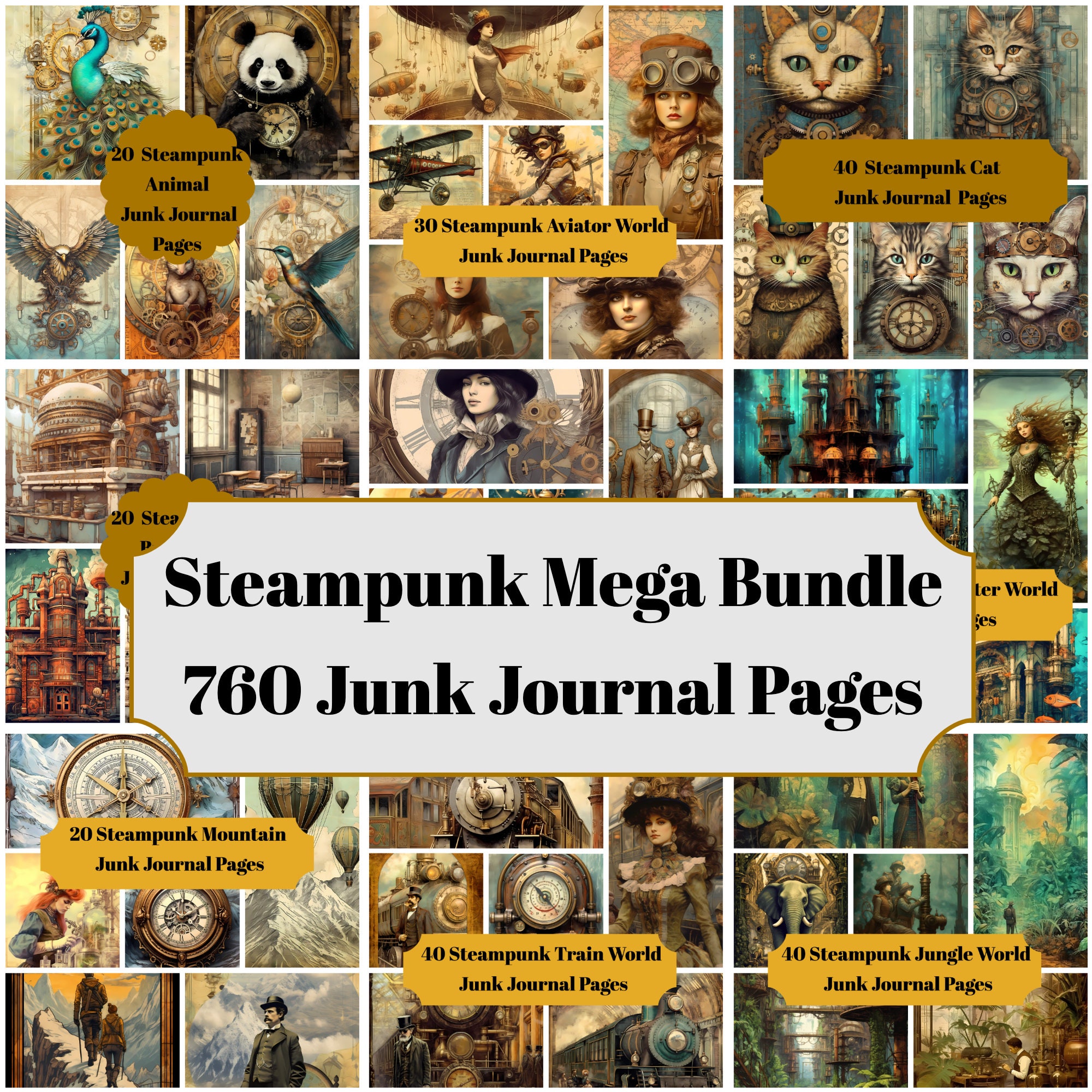 MEGA Steampunk Papers - Pacchetto di pagine del diario spazzatura Steampunk 760 - Stampabili per album e scrapbooking - Download per carte stampabili