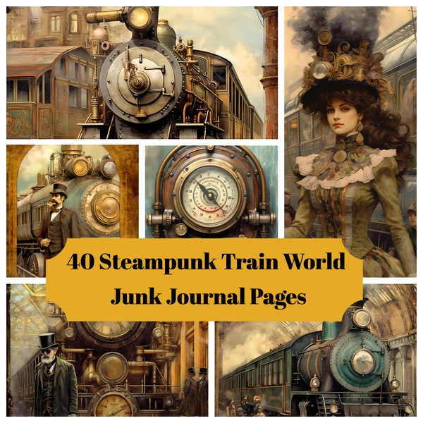 40 Steampunk Train World Junk Journal Pages - Printable Steampunk Train Junk Journal for Scrapbook - Digital Download for Printable Cards