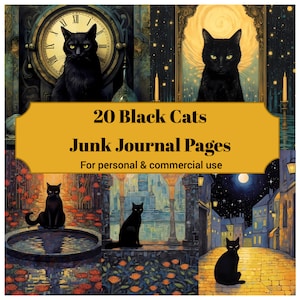 20 Black Cat Junk Journal Pages - Printable Black Cats Junk Journal for Scrapbook - Digital Download for Printable Cards - Commercial Use