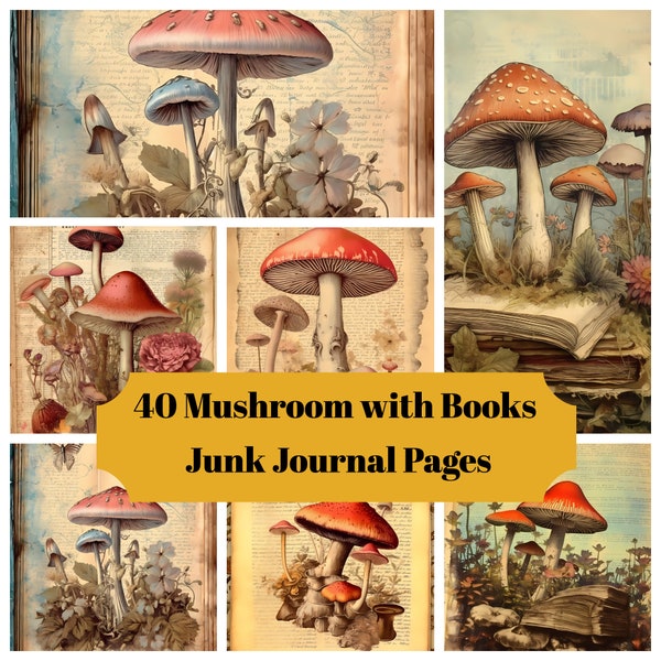 40 Mushroom Books Junk Journal Pages - Printable Mushroom in Books Junk Journal for Scrapbooks - Digital Download for Printable Cards