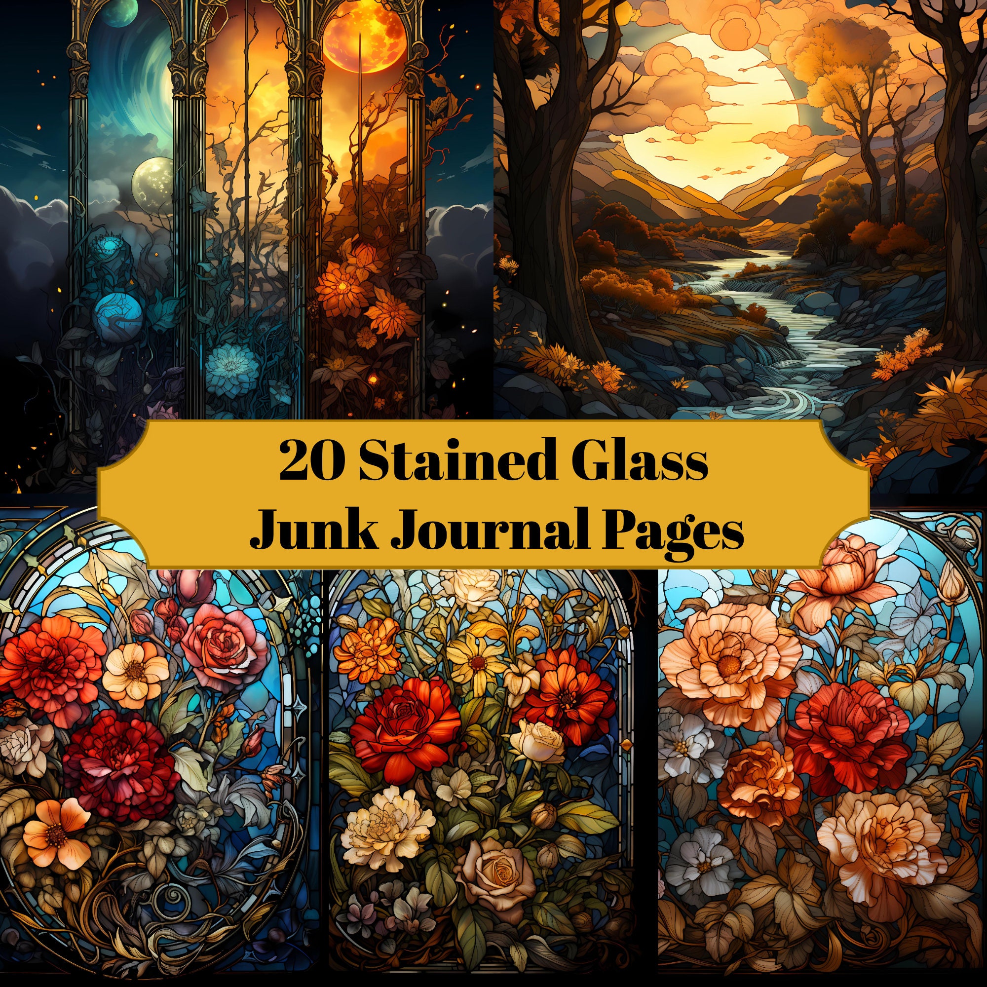20 Stained Glass Junk Journal Pages - Christianity Junk Journal for Scrapbooks - Digital Download for Printable Cards & Ephemera