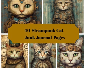 40 pagine del diario spazzatura Steampunk Cats - Diario stampabile Steampunk Cats Junk Journal per Scrapbook - Download digitale per carte journaling stampabili