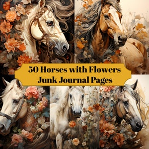 50 paarden met bloemen Junk Journal Pages - Afdrukbaar Horse Junk Journal voor plakboeken - Digitale download voor afdrukbare kaarten & Ephemera