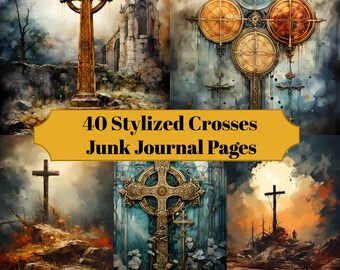 40 Stylized Crosses Junk Journal Pages - Christianity Junk Journal for Scrapbooks - Digital Download for Printable Cards & Ephemera