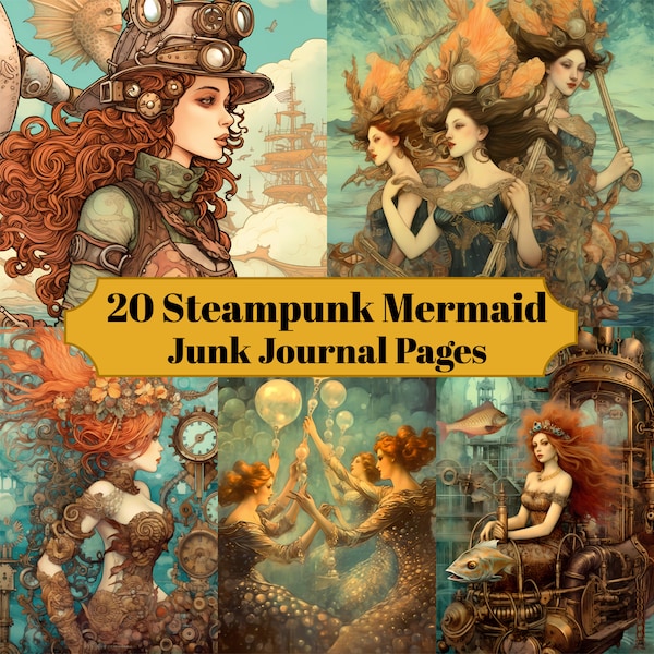 20 Steampunk Mermaids Junk Journal Pages - Printable Junk Journal for Scrapbook - Digital Download for Printable Cards & Ephemera