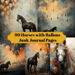 90 paarden met ballonnen dagboekpagina's - afdrukbaar paardenjunkdagboek voor plakboeken - digitale download voor afdrukbare kaarten en ephemera