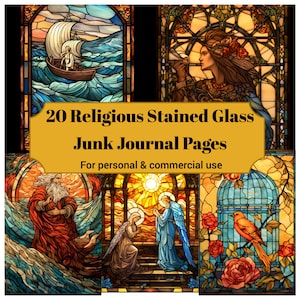 20 Religious Stained Glass Junk Journal Pages - Printable Christian Stained Glass Junk Journal for Scrapbooks - Printable Cards & Ephemera