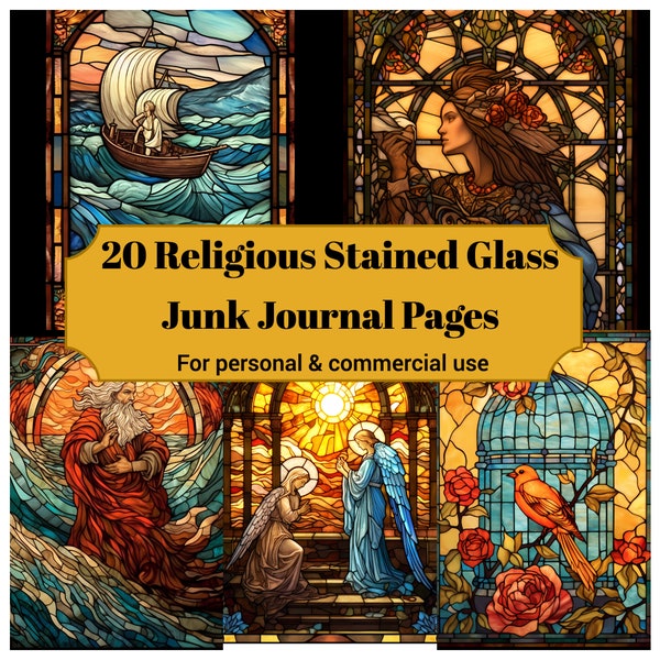 20 Religious Stained Glass Junk Journal Pages - Printable Christian Stained Glass Junk Journal for Scrapbooks - Printable Cards & Ephemera
